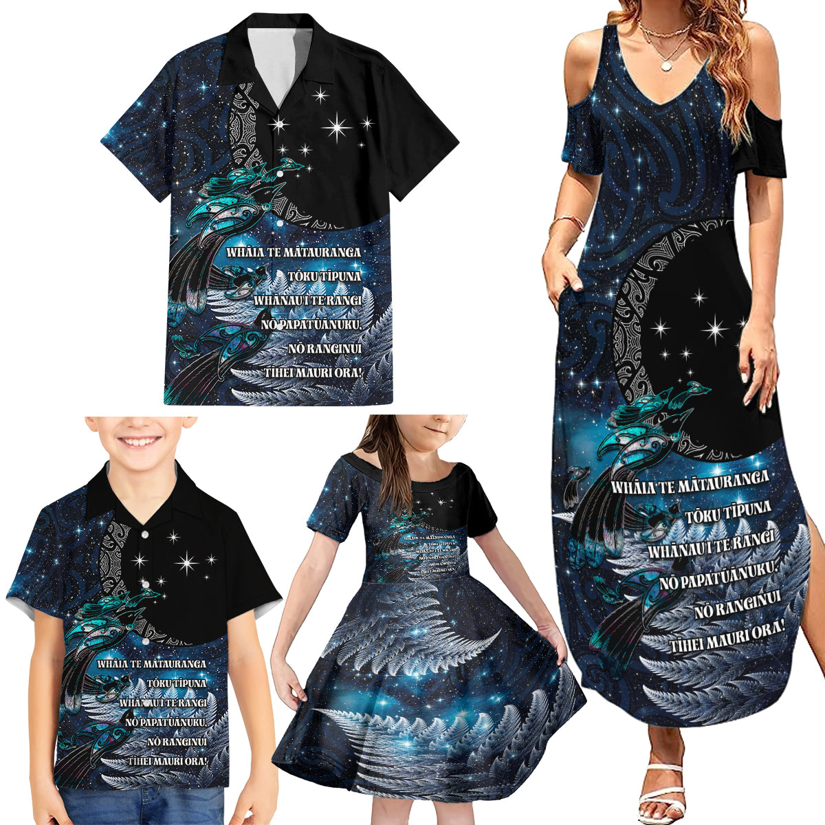 New Zealand Tui Bird Family Matching Summer Maxi Dress and Hawaiian Shirt Matariki Poetry Pattern Galaxy Style LT03 - Polynesian Pride