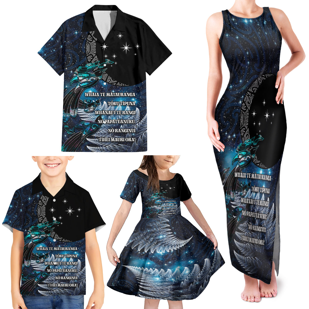 New Zealand Tui Bird Family Matching Tank Maxi Dress and Hawaiian Shirt Matariki Poetry Pattern Galaxy Style LT03 - Polynesian Pride