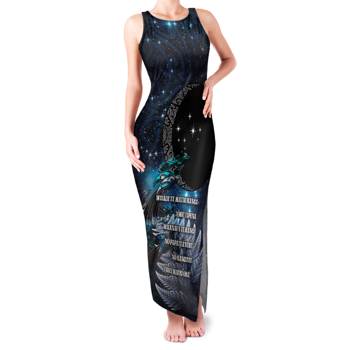 New Zealand Tui Bird Family Matching Tank Maxi Dress and Hawaiian Shirt Matariki Poetry Pattern Galaxy Style LT03 Mom's Dress Blue - Polynesian Pride
