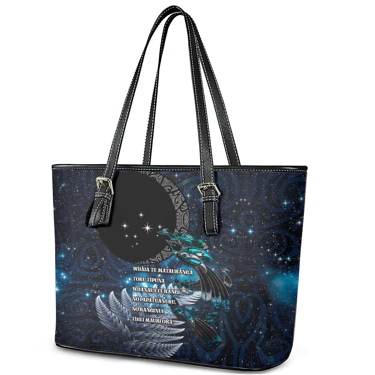 New Zealand Tui Bird Leather Tote Bag Matariki Poetry Pattern Galaxy Style