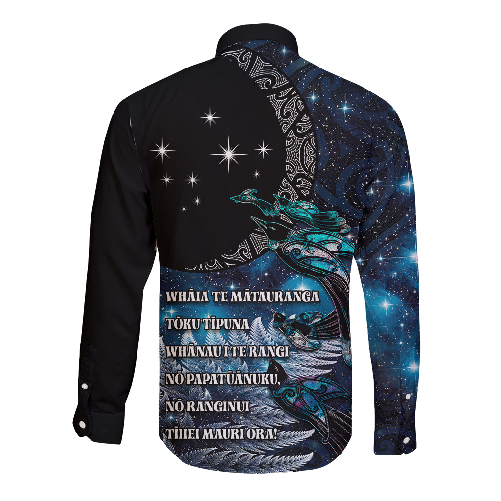 New Zealand Tui Bird Long Sleeve Button Shirt Matariki Poetry Pattern Galaxy Style LT03 - Polynesian Pride
