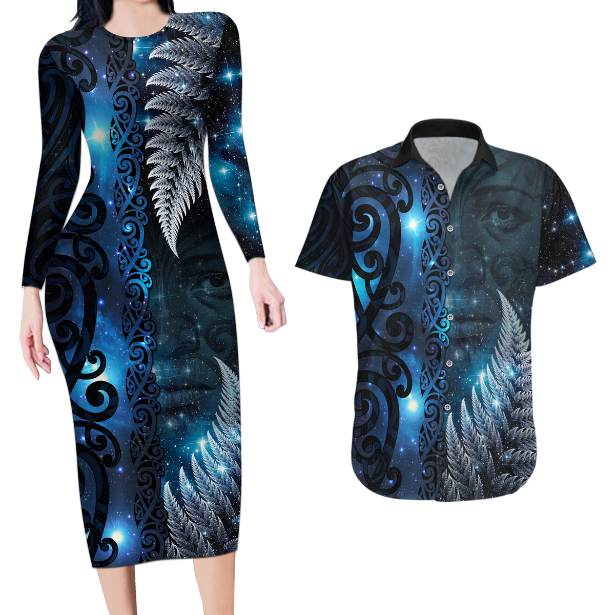 New Zealand Matariki Couples Matching Long Sleeve Bodycon Dress and Hawaiian Shirt The Tribal Maori Face and Silver Fern LT03 Blue - Polynesian Pride