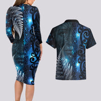 New Zealand Matariki Couples Matching Long Sleeve Bodycon Dress and Hawaiian Shirt The Tribal Maori Face and Silver Fern LT03 - Polynesian Pride