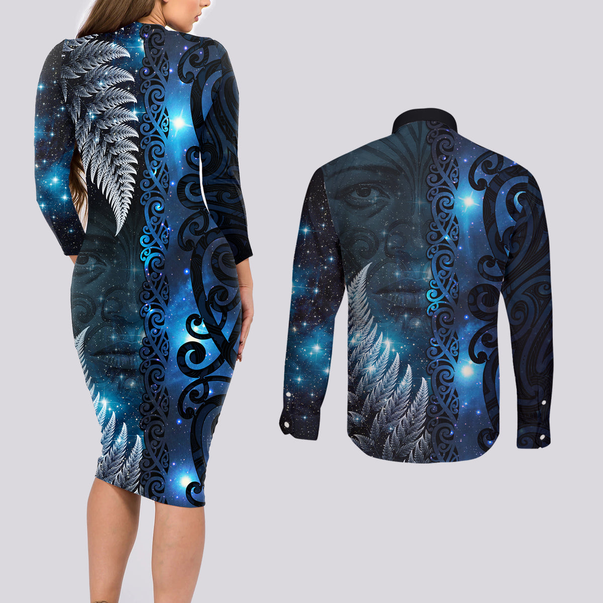 New Zealand Matariki Couples Matching Long Sleeve Bodycon Dress and Long Sleeve Button Shirt The Tribal Maori Face and Silver Fern LT03 - Polynesian Pride