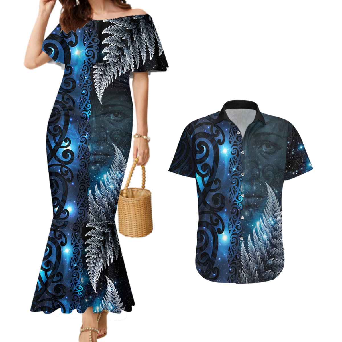New Zealand Matariki Couples Matching Mermaid Dress and Hawaiian Shirt The Tribal Maori Face and Silver Fern LT03 Blue - Polynesian Pride