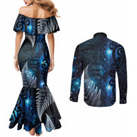 New Zealand Matariki Couples Matching Mermaid Dress and Long Sleeve Button Shirt The Tribal Maori Face and Silver Fern LT03 - Polynesian Pride