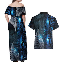 New Zealand Matariki Couples Matching Off Shoulder Maxi Dress and Hawaiian Shirt The Tribal Maori Face and Silver Fern LT03 - Polynesian Pride