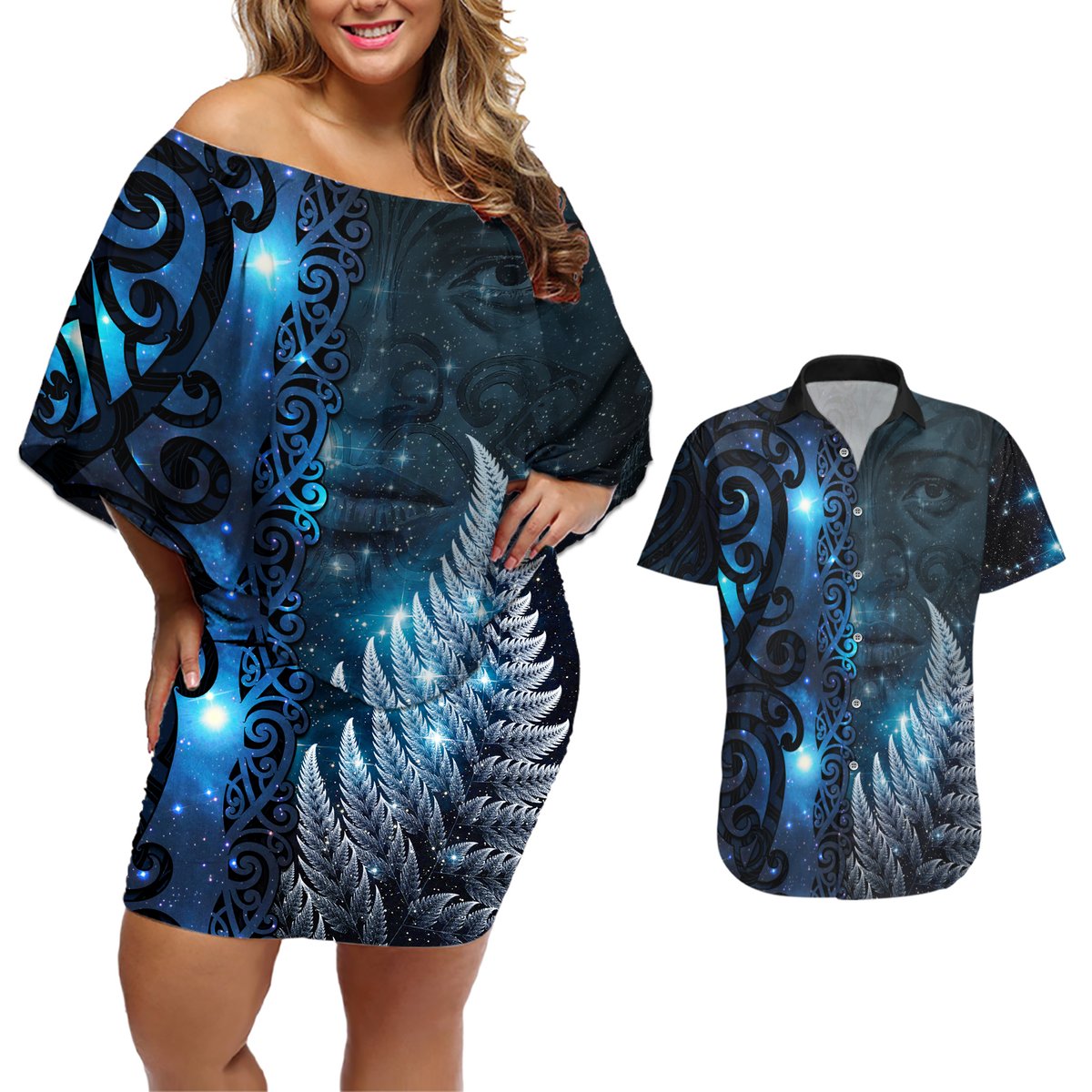 New Zealand Matariki Couples Matching Off Shoulder Short Dress and Hawaiian Shirt The Tribal Maori Face and Silver Fern LT03 Blue - Polynesian Pride