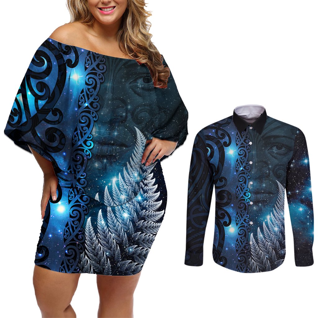 New Zealand Matariki Couples Matching Off Shoulder Short Dress and Long Sleeve Button Shirt The Tribal Maori Face and Silver Fern LT03 Blue - Polynesian Pride