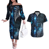 New Zealand Matariki Couples Matching Off The Shoulder Long Sleeve Dress and Hawaiian Shirt The Tribal Maori Face and Silver Fern LT03 Blue - Polynesian Pride