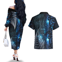 New Zealand Matariki Couples Matching Off The Shoulder Long Sleeve Dress and Hawaiian Shirt The Tribal Maori Face and Silver Fern LT03 - Polynesian Pride
