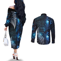 New Zealand Matariki Couples Matching Off The Shoulder Long Sleeve Dress and Long Sleeve Button Shirt The Tribal Maori Face and Silver Fern LT03 - Polynesian Pride