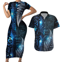 New Zealand Matariki Couples Matching Short Sleeve Bodycon Dress and Hawaiian Shirt The Tribal Maori Face and Silver Fern LT03 Blue - Polynesian Pride