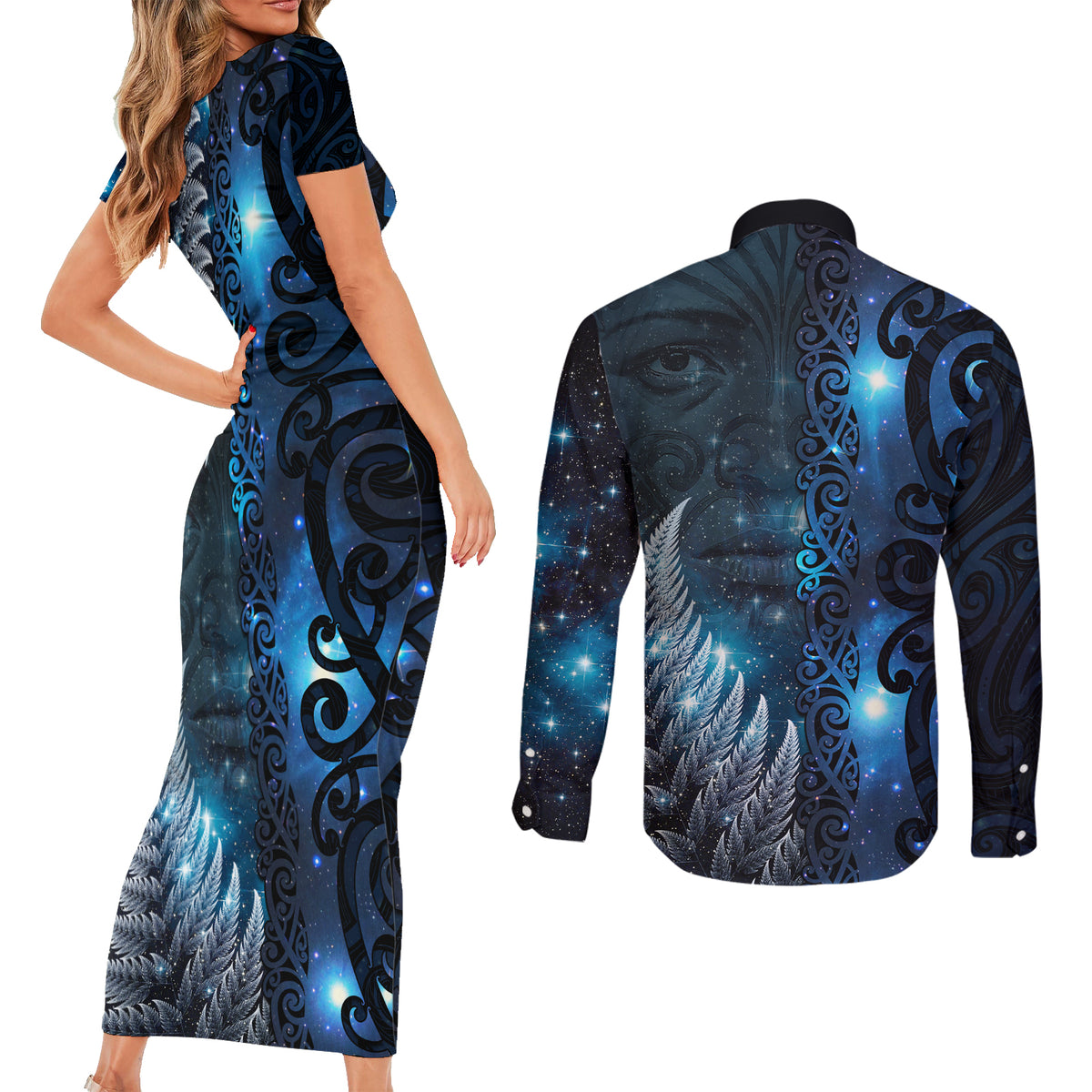 New Zealand Matariki Couples Matching Short Sleeve Bodycon Dress and Long Sleeve Button Shirt The Tribal Maori Face and Silver Fern LT03 - Polynesian Pride
