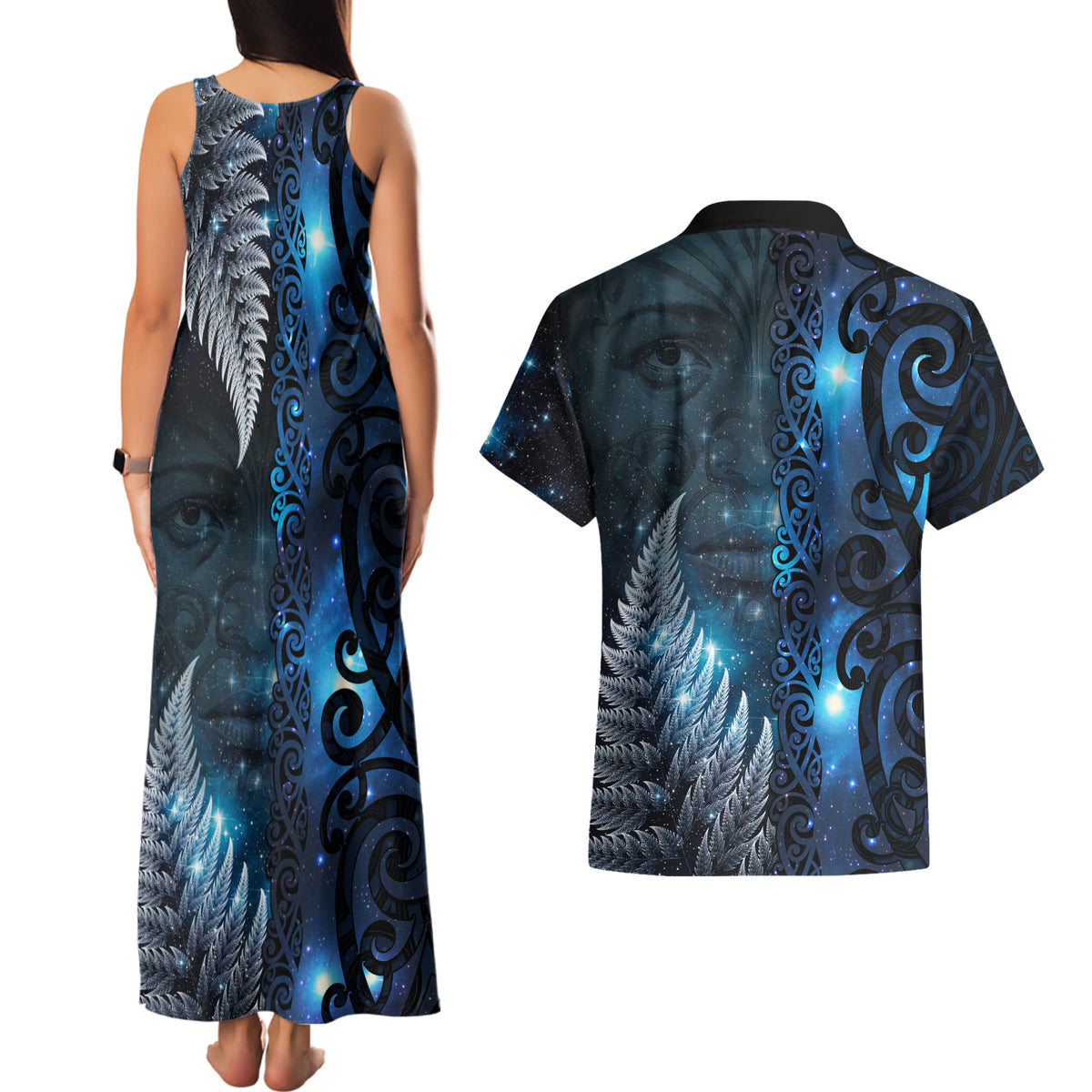 New Zealand Matariki Couples Matching Tank Maxi Dress and Hawaiian Shirt The Tribal Maori Face and Silver Fern LT03 - Polynesian Pride
