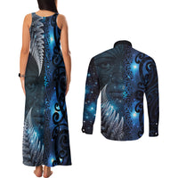 New Zealand Matariki Couples Matching Tank Maxi Dress and Long Sleeve Button Shirt The Tribal Maori Face and Silver Fern LT03 - Polynesian Pride