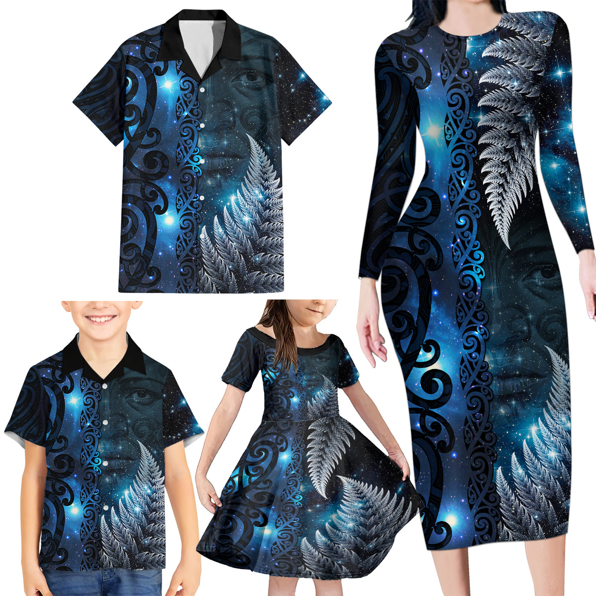 New Zealand Matariki Family Matching Long Sleeve Bodycon Dress and Hawaiian Shirt The Tribal Maori Face and Silver Fern LT03 - Polynesian Pride