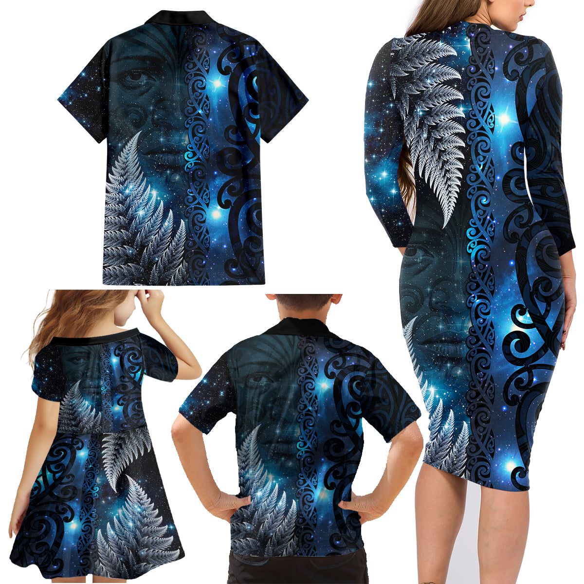 New Zealand Matariki Family Matching Long Sleeve Bodycon Dress and Hawaiian Shirt The Tribal Maori Face and Silver Fern LT03 - Polynesian Pride