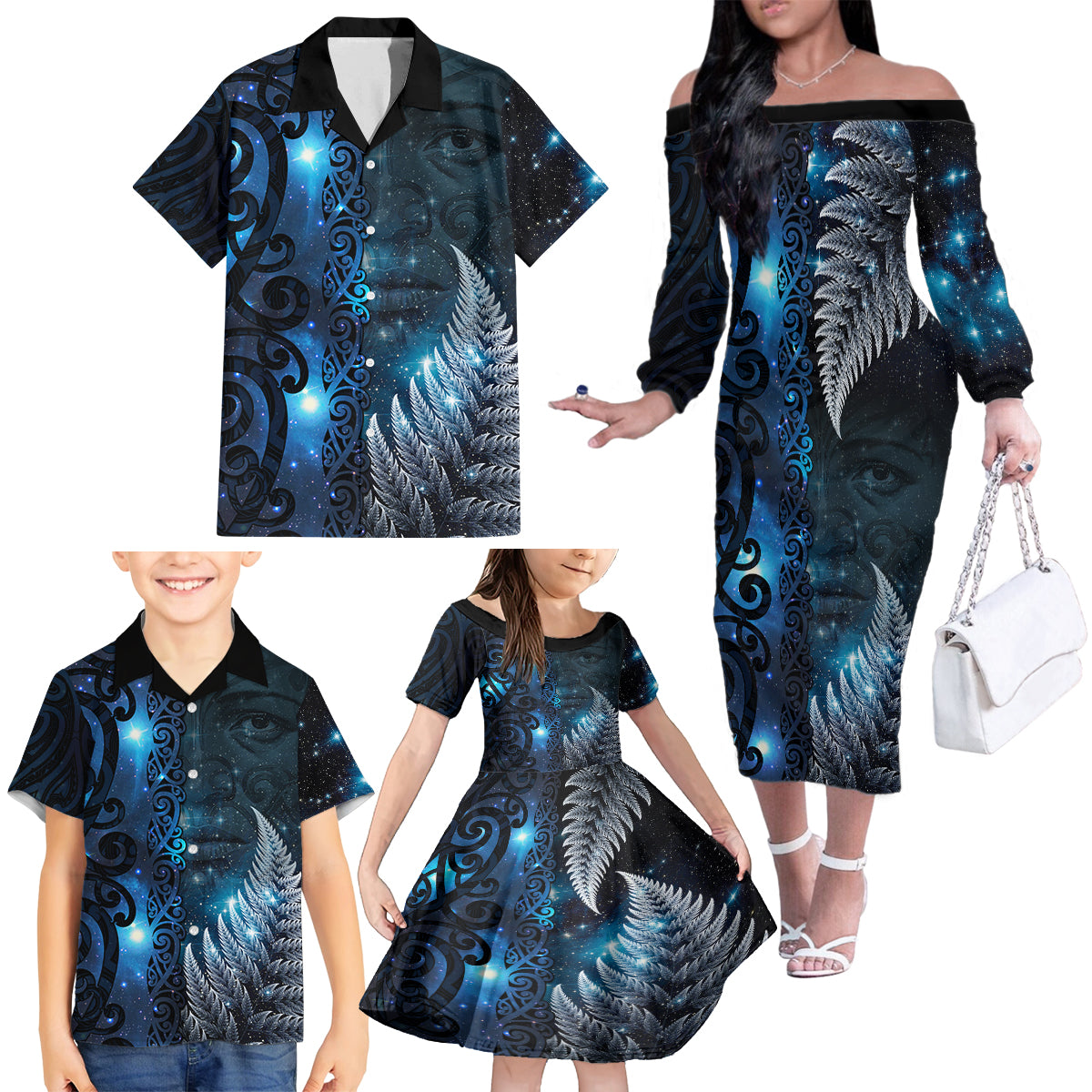 New Zealand Matariki Family Matching Off The Shoulder Long Sleeve Dress and Hawaiian Shirt The Tribal Maori Face and Silver Fern LT03 - Polynesian Pride