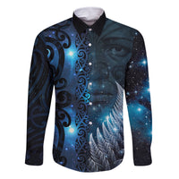 New Zealand Matariki Family Matching Off The Shoulder Long Sleeve Dress and Hawaiian Shirt The Tribal Maori Face and Silver Fern LT03 Dad's Shirt - Long Sleeve Blue - Polynesian Pride