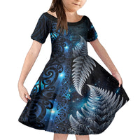 New Zealand Matariki Family Matching Off Shoulder Maxi Dress and Hawaiian Shirt The Tribal Maori Face and Silver Fern LT03 Daughter's Dress Blue - Polynesian Pride