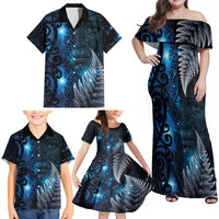 New Zealand Matariki Family Matching Off Shoulder Maxi Dress and Hawaiian Shirt The Tribal Maori Face and Silver Fern LT03 - Polynesian Pride