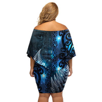 New Zealand Matariki Family Matching Off Shoulder Short Dress and Hawaiian Shirt The Tribal Maori Face and Silver Fern LT03 - Polynesian Pride