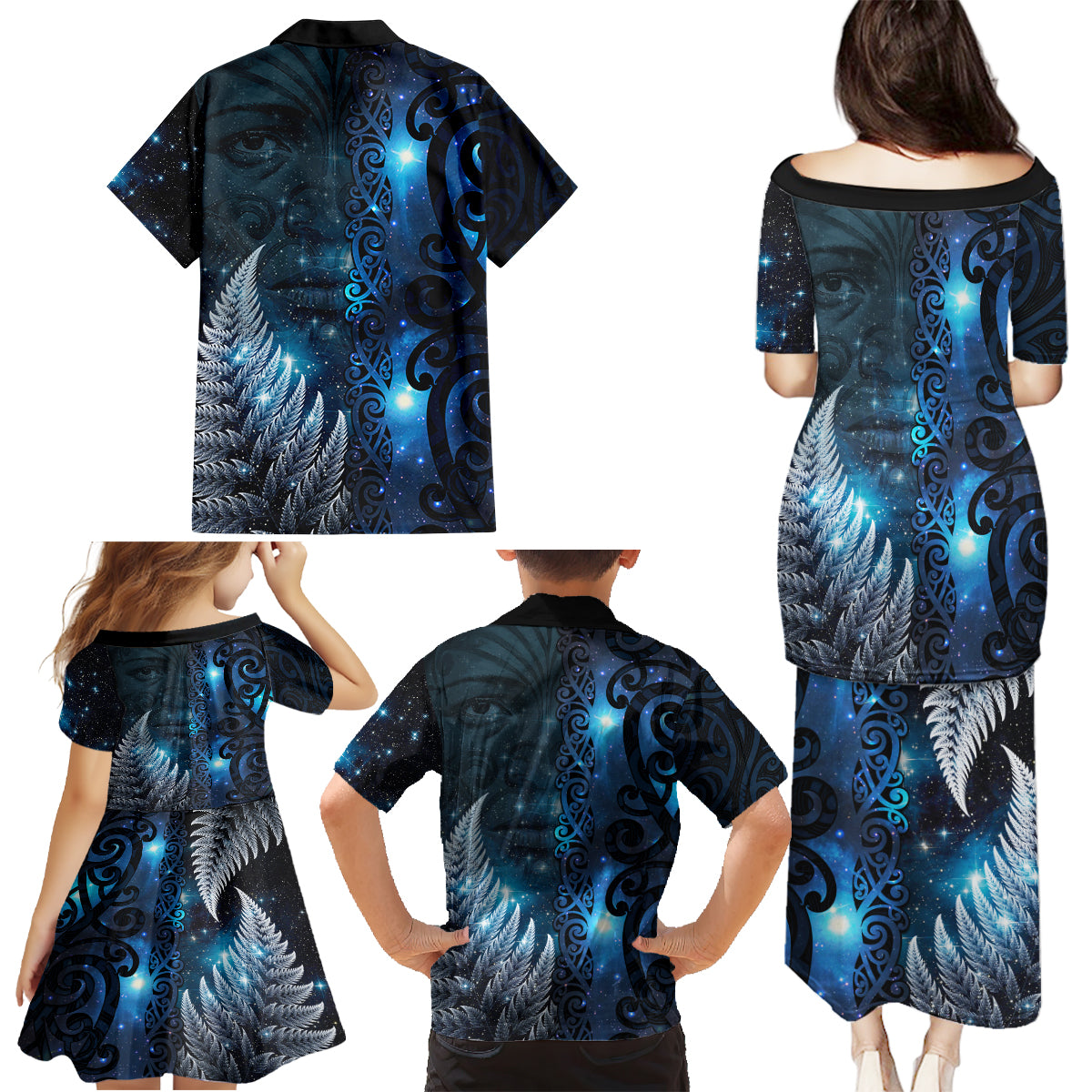 New Zealand Matariki Family Matching Puletasi and Hawaiian Shirt The Tribal Maori Face and Silver Fern LT03 - Polynesian Pride