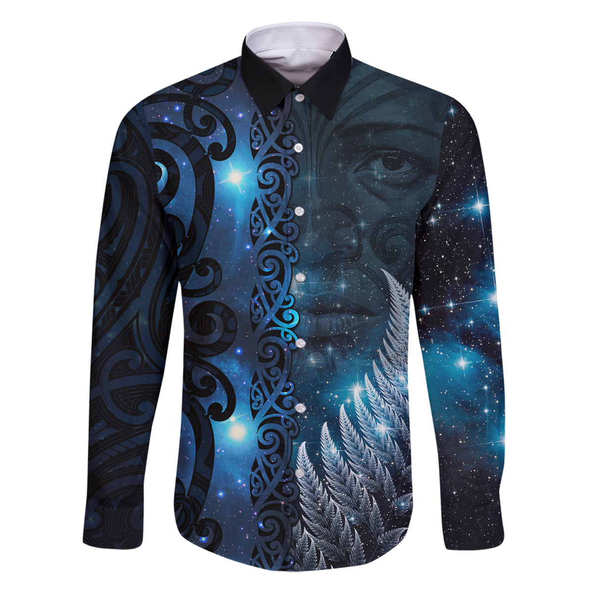 New Zealand Matariki Family Matching Puletasi and Hawaiian Shirt The Tribal Maori Face and Silver Fern LT03 Dad's Shirt - Long Sleeve Blue - Polynesian Pride