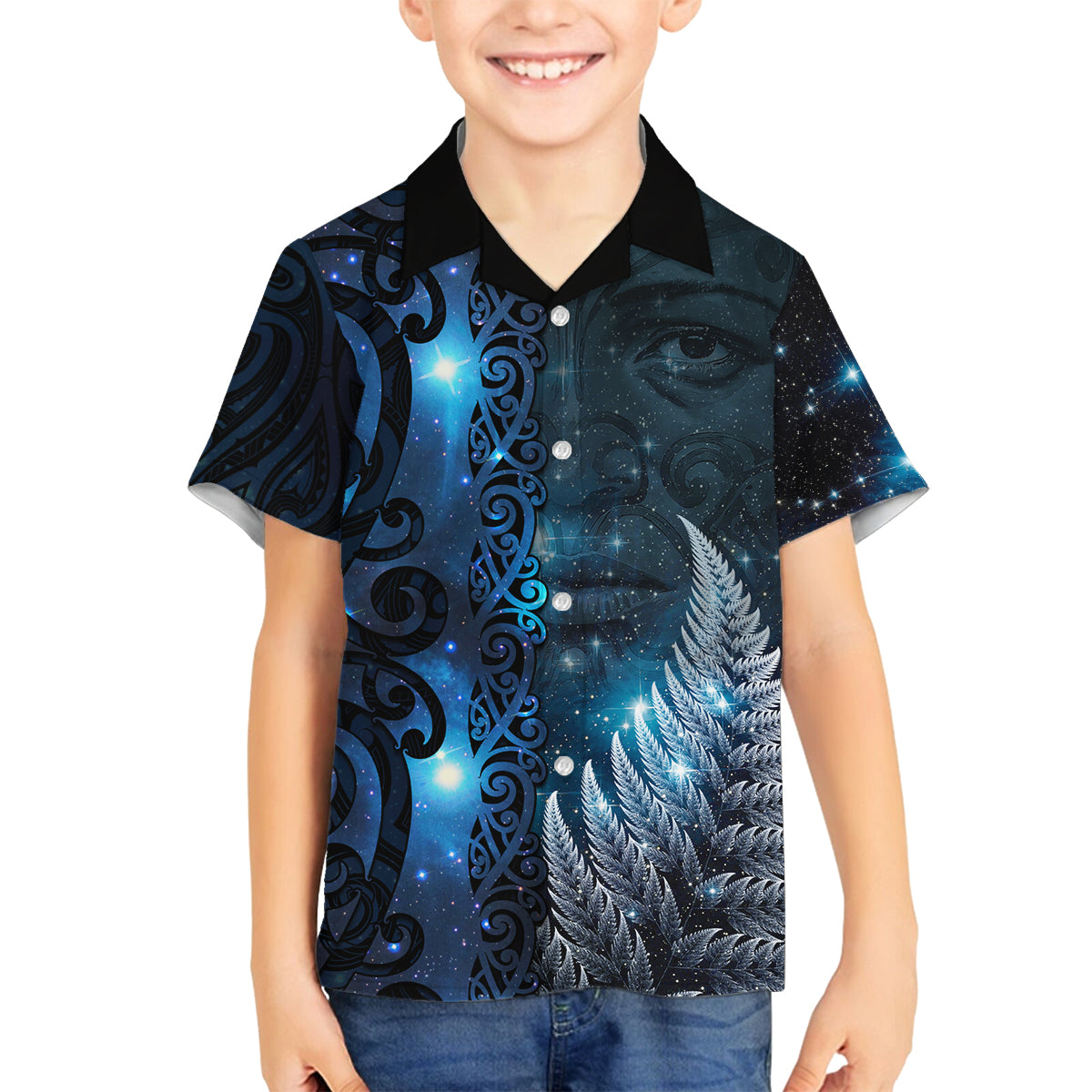 New Zealand Matariki Family Matching Puletasi and Hawaiian Shirt The Tribal Maori Face and Silver Fern LT03 Son's Shirt Blue - Polynesian Pride