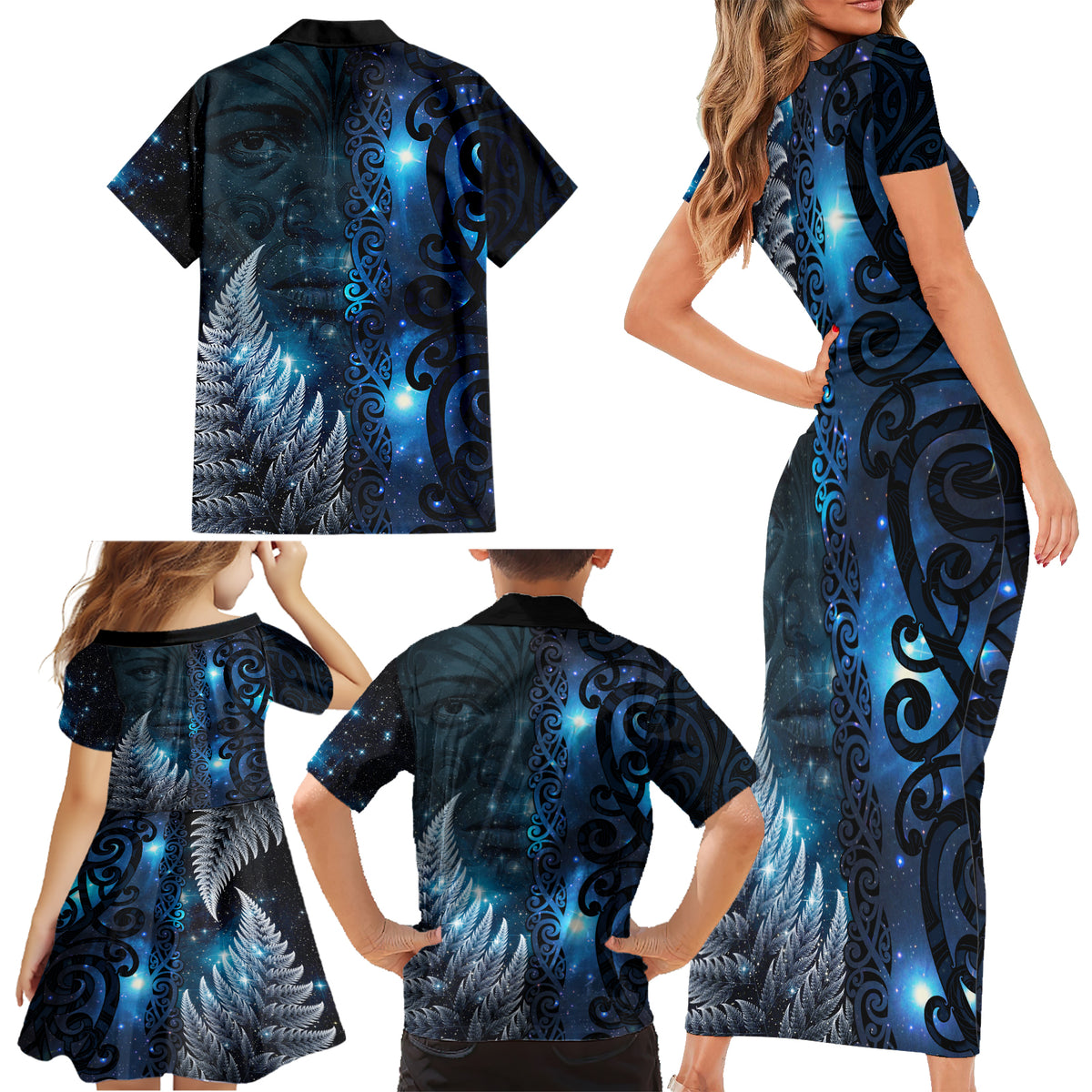 New Zealand Matariki Family Matching Short Sleeve Bodycon Dress and Hawaiian Shirt The Tribal Maori Face and Silver Fern LT03 - Polynesian Pride