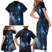 New Zealand Matariki Family Matching Short Sleeve Bodycon Dress and Hawaiian Shirt The Tribal Maori Face and Silver Fern LT03 - Polynesian Pride