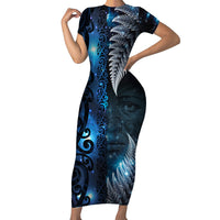 New Zealand Matariki Family Matching Short Sleeve Bodycon Dress and Hawaiian Shirt The Tribal Maori Face and Silver Fern LT03 Mom's Dress Blue - Polynesian Pride