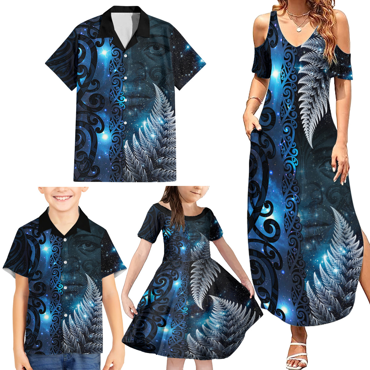 New Zealand Matariki Family Matching Summer Maxi Dress and Hawaiian Shirt The Tribal Maori Face and Silver Fern LT03 - Polynesian Pride