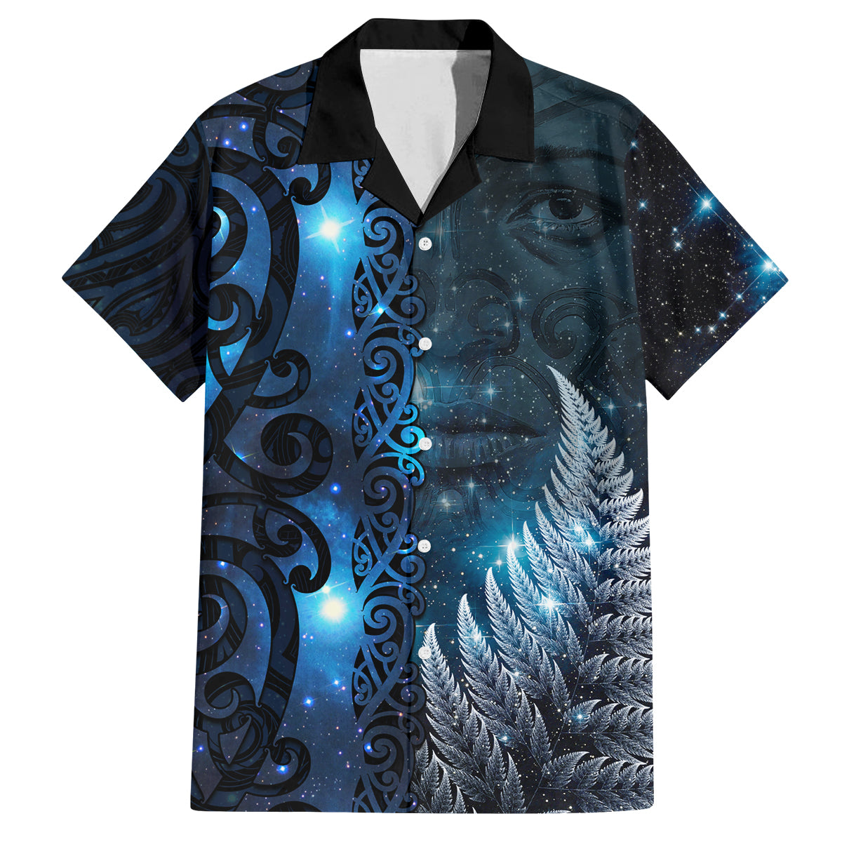 New Zealand Matariki Family Matching Summer Maxi Dress and Hawaiian Shirt The Tribal Maori Face and Silver Fern LT03 Dad's Shirt - Short Sleeve Blue - Polynesian Pride