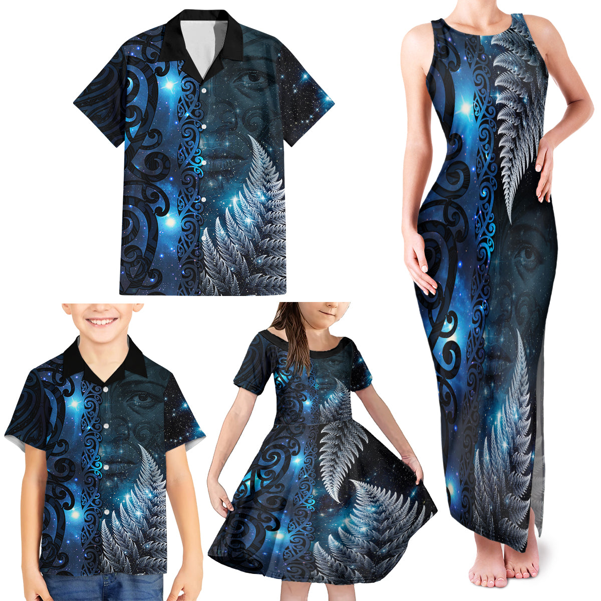 New Zealand Matariki Family Matching Tank Maxi Dress and Hawaiian Shirt The Tribal Maori Face and Silver Fern LT03 - Polynesian Pride