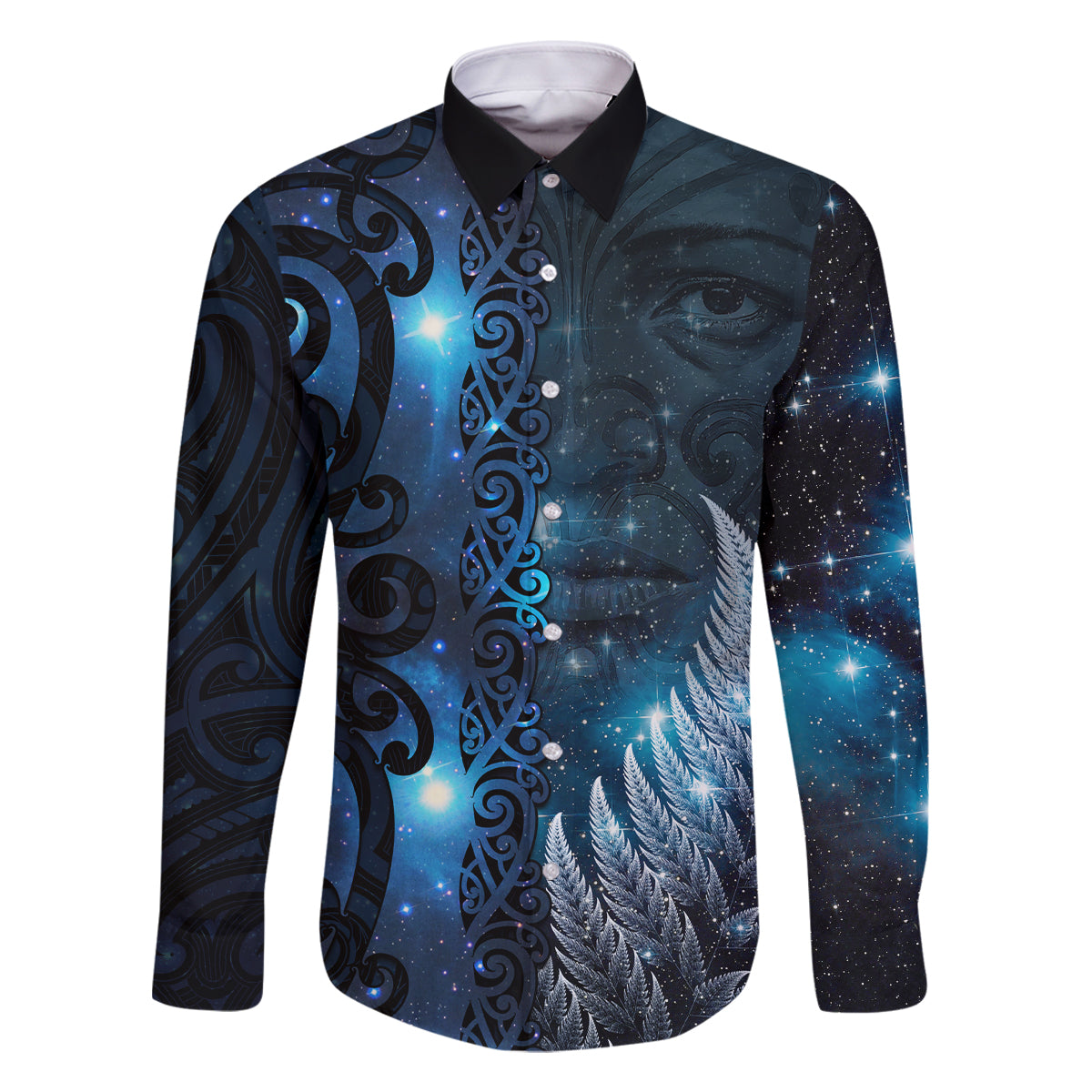 New Zealand Matariki Family Matching Tank Maxi Dress and Hawaiian Shirt The Tribal Maori Face and Silver Fern LT03 Dad's Shirt - Long Sleeve Blue - Polynesian Pride
