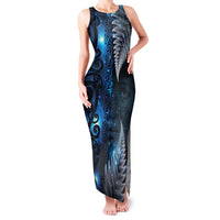 New Zealand Matariki Family Matching Tank Maxi Dress and Hawaiian Shirt The Tribal Maori Face and Silver Fern LT03 Mom's Dress Blue - Polynesian Pride