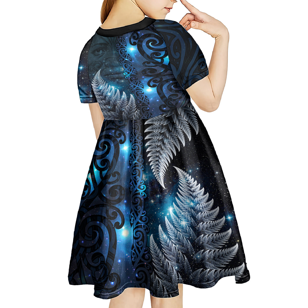 New Zealand Matariki Kid Short Sleeve Dress The Tribal Maori Face and Silver Fern LT03 - Polynesian Pride