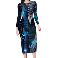 New Zealand Matariki Long Sleeve Bodycon Dress The Tribal Maori Face and Silver Fern LT03 Long Dress Blue - Polynesian Pride