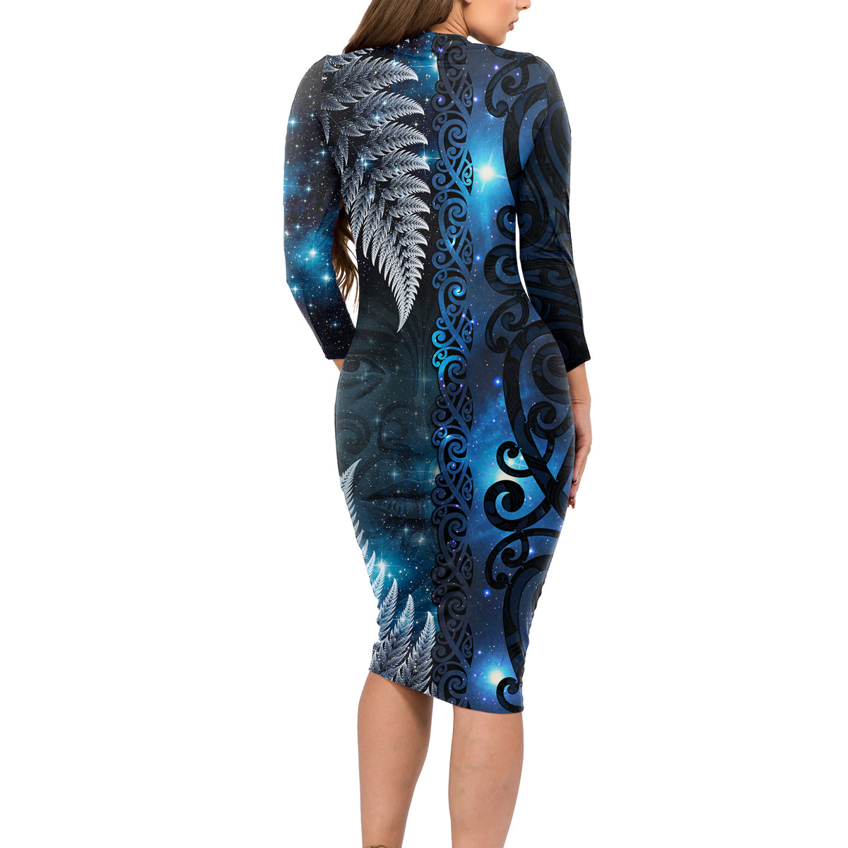 New Zealand Matariki Long Sleeve Bodycon Dress The Tribal Maori Face and Silver Fern LT03 - Polynesian Pride