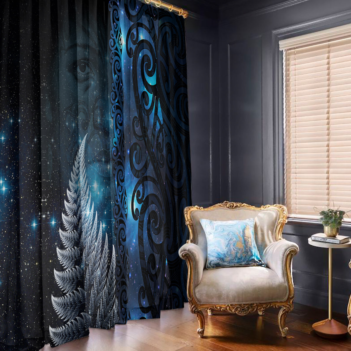 New Zealand Matariki Window Curtain The Tribal Maori Face and Silver Fern