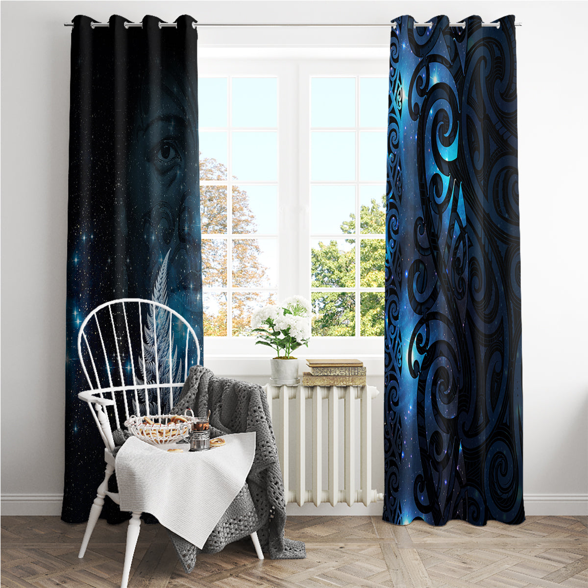 New Zealand Matariki Window Curtain The Tribal Maori Face and Silver Fern