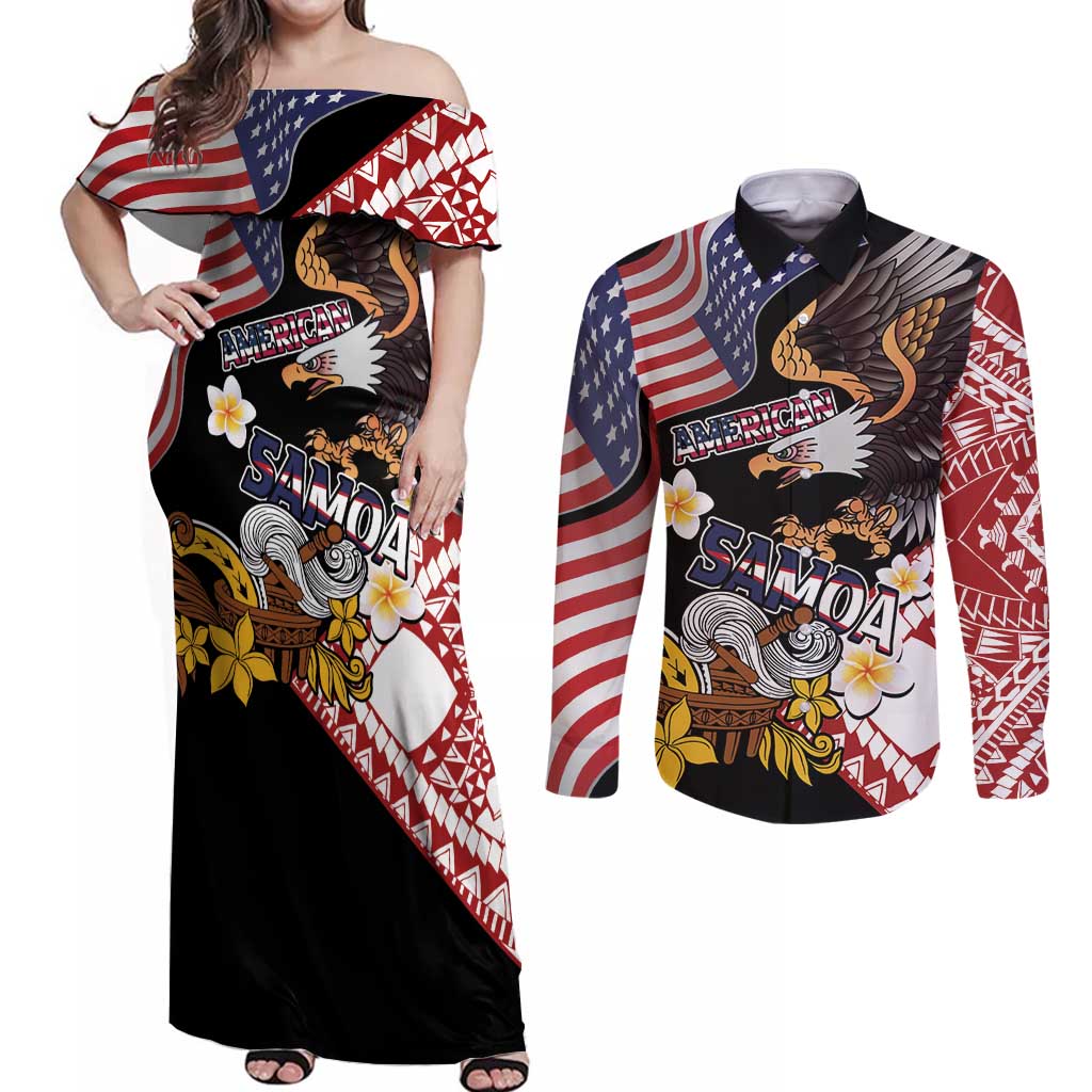 United States and American Samoa Together Couples Matching Off Shoulder Maxi Dress and Long Sleeve Button Shirt Bald Eagle and Polynesian Traditional Culture with Plumeria