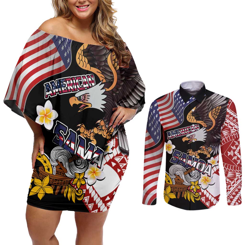 United States and American Samoa Together Couples Matching Off Shoulder Short Dress and Long Sleeve Button Shirt Bald Eagle and Polynesian Traditional Culture with Plumeria LT03 Black - Polynesian Pride