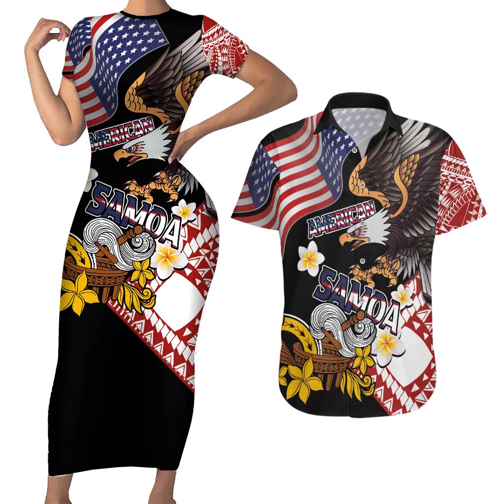 United States and American Samoa Together Couples Matching Short Sleeve Bodycon Dress and Hawaiian Shirt Bald Eagle and Polynesian Traditional Culture with Plumeria