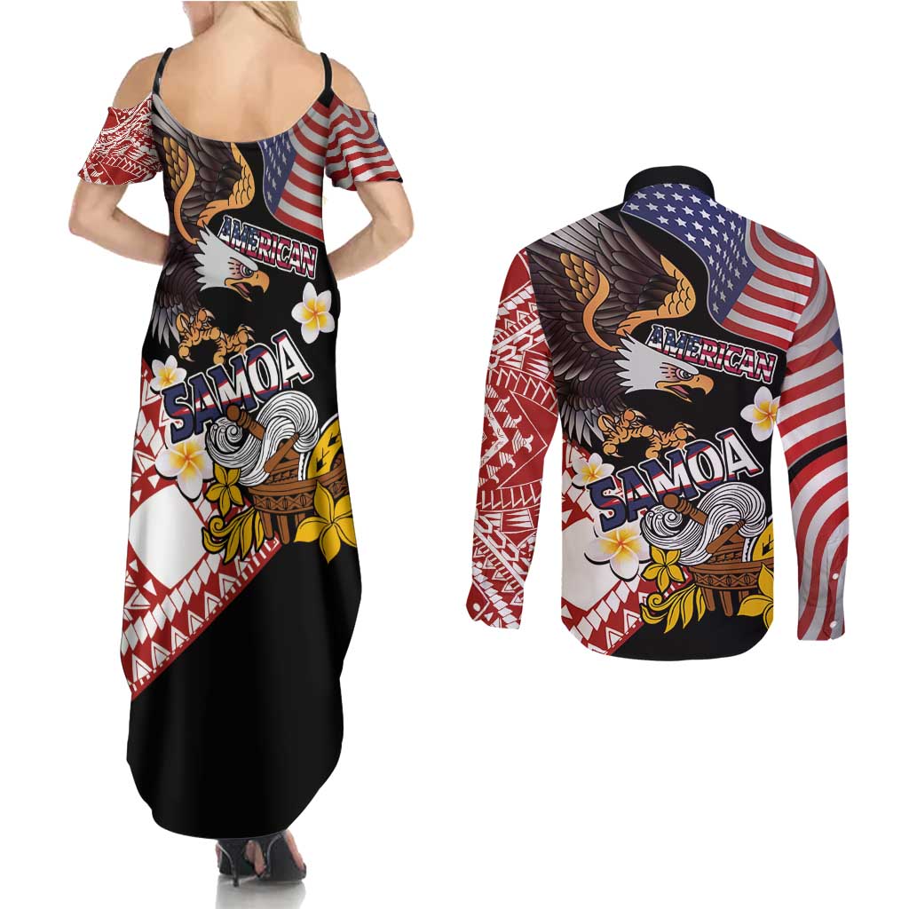 United States and American Samoa Together Couples Matching Summer Maxi Dress and Long Sleeve Button Shirt Bald Eagle and Polynesian Traditional Culture with Plumeria