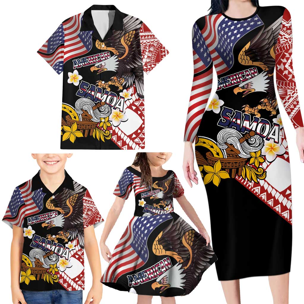 United States and American Samoa Together Family Matching Long Sleeve Bodycon Dress and Hawaiian Shirt Bald Eagle and Polynesian Traditional Culture with Plumeria LT03 - Polynesian Pride