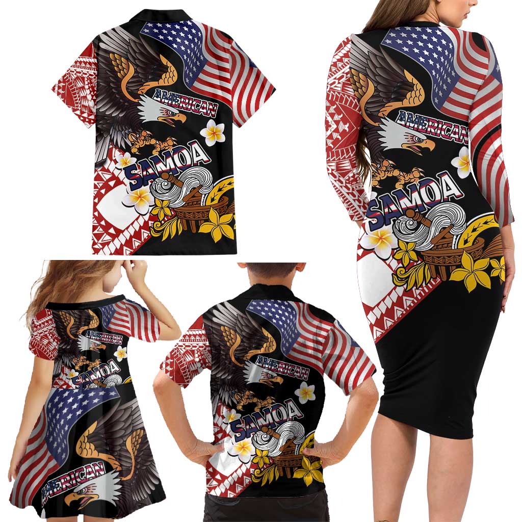 United States and American Samoa Together Family Matching Long Sleeve Bodycon Dress and Hawaiian Shirt Bald Eagle and Polynesian Traditional Culture with Plumeria LT03 - Polynesian Pride