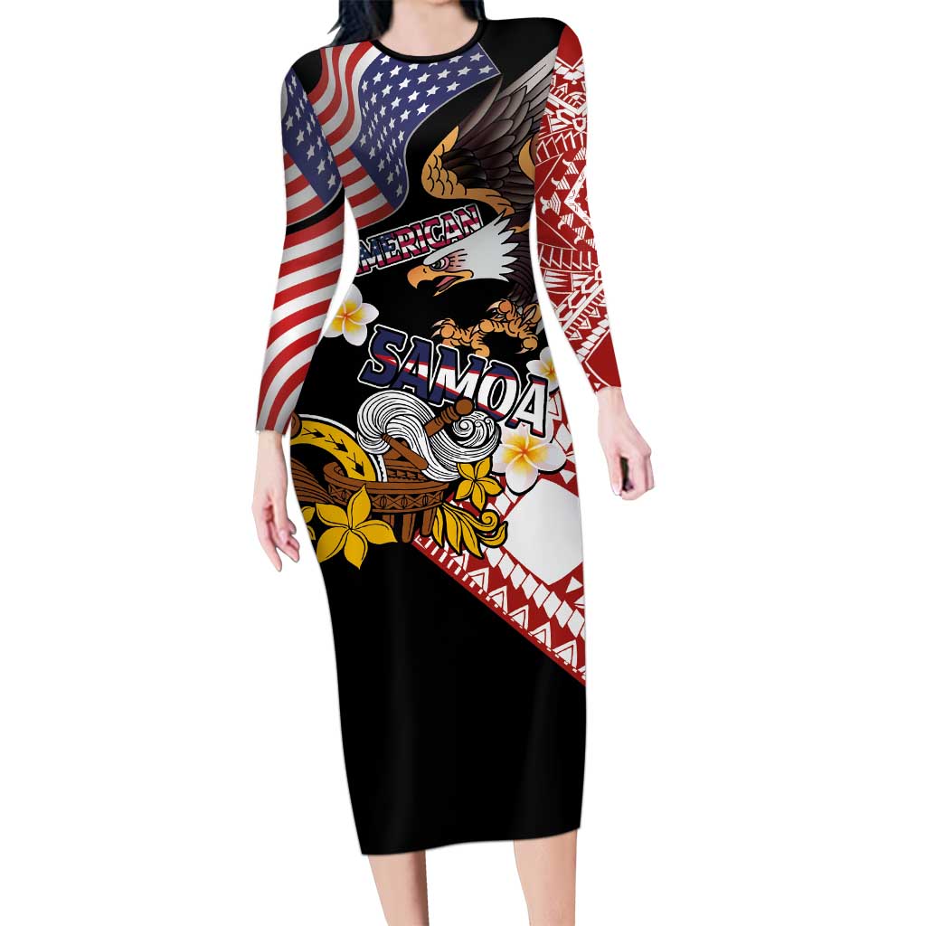 United States and American Samoa Together Family Matching Long Sleeve Bodycon Dress and Hawaiian Shirt Bald Eagle and Polynesian Traditional Culture with Plumeria LT03 Mom's Dress Black - Polynesian Pride